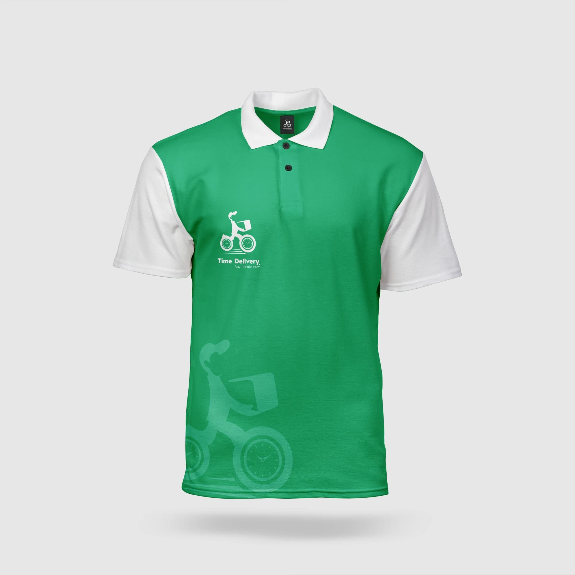 The Time Delivery rider polo in brand green and white
