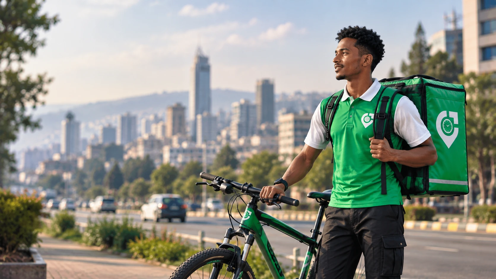 A Time Delivery rider with his bike and insulated box, looking out over Addis Ababa